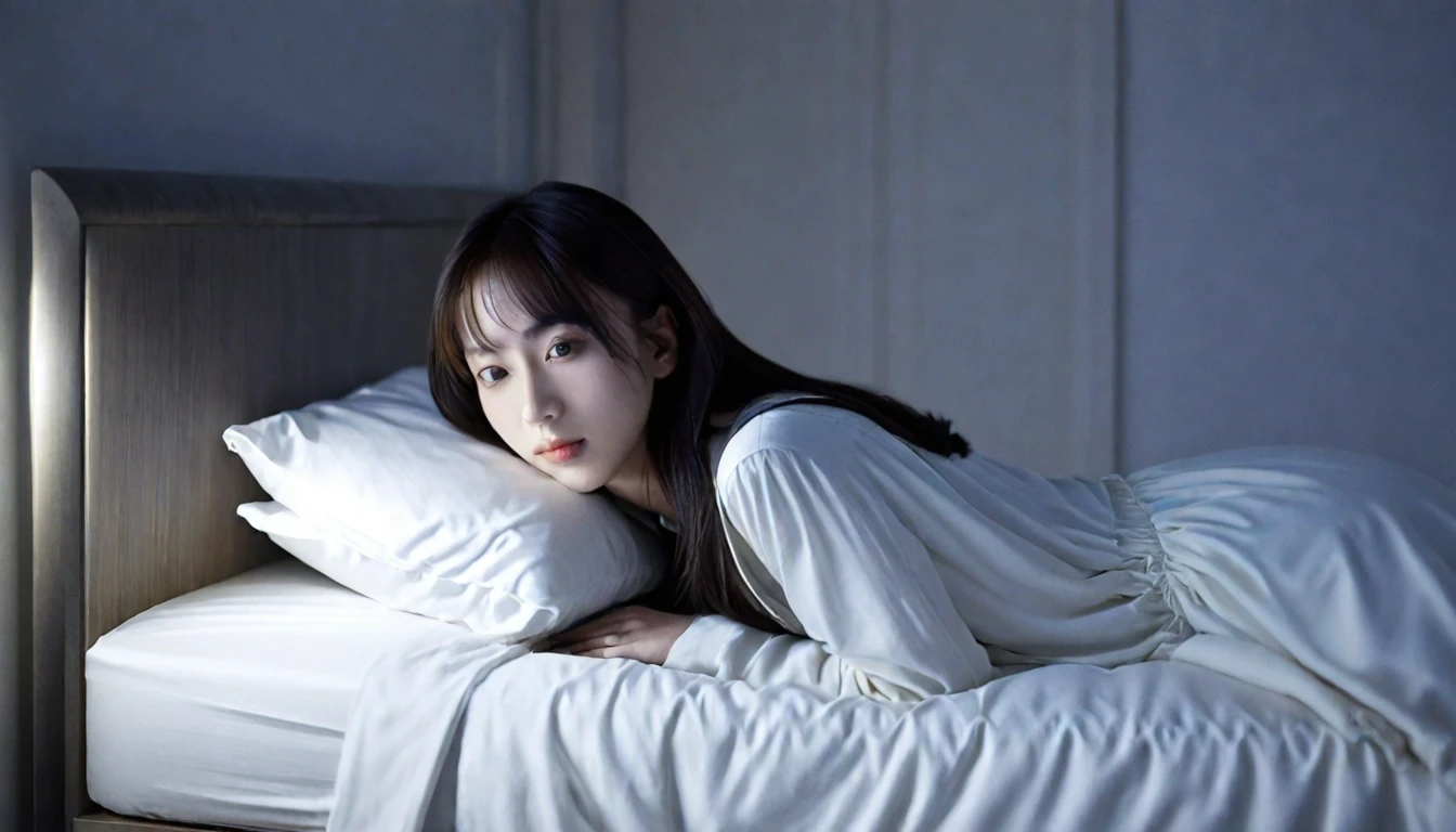 （high quality)  masterpiece, a dimly lit room before dawn, a beautiful young woman lying on the bed, faint light coming through the window