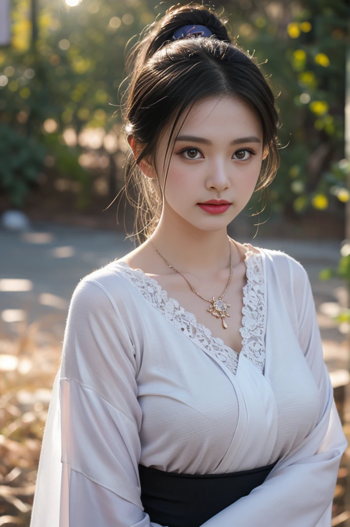 1 beautiful girl in Hanfu costume, ((black thin purple silk shirt with a lot of texture)), white lace top, long purple platinum ponytail Hair, Jewelry, ear jewelry, necklaces and necklaces, carefully drawn big purple eyes, makeup careful, thin eyebrows, high nose, beautiful red lips, no smile, pursed lips, rosy cheeks, wide breasts, big breasts, proportional breasts, slim waist, purple fishnet socks, chinese hanfu style, fictional art texture, colorful bright and realistic, RAW Photo, Realistic Photo, ultra high quality 8k surreal photo, (effective fantasy light effect: 1.8), 10x pixels, magical effect (Background): 1.8), ultradetailed eyes, full body portrait of girl , Chinese royal garden background, dynamic pose