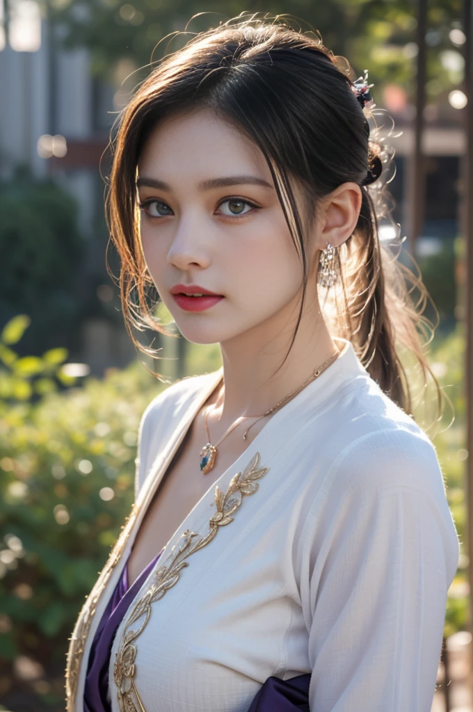 1 beautiful girl in Hanfu costume, ((black thin purple silk shirt with a lot of texture)), white lace top, long purple platinum ponytail Hair, Jewelry, ear jewelry, necklaces and necklaces, carefully drawn big purple eyes, makeup careful, thin eyebrows, high nose, beautiful red lips, no smile, pursed lips, rosy cheeks, wide breasts, big breasts, proportional breasts, slim waist, purple fishnet socks, chinese hanfu style, fictional art texture, colorful bright and realistic, RAW Photo, Realistic Photo, ultra high quality 8k surreal photo, (effective fantasy light effect: 1.8), 10x pixels, magical effect (Background): 1.8), ultradetailed eyes, full body portrait of girl , Chinese royal garden background, dynamic pose