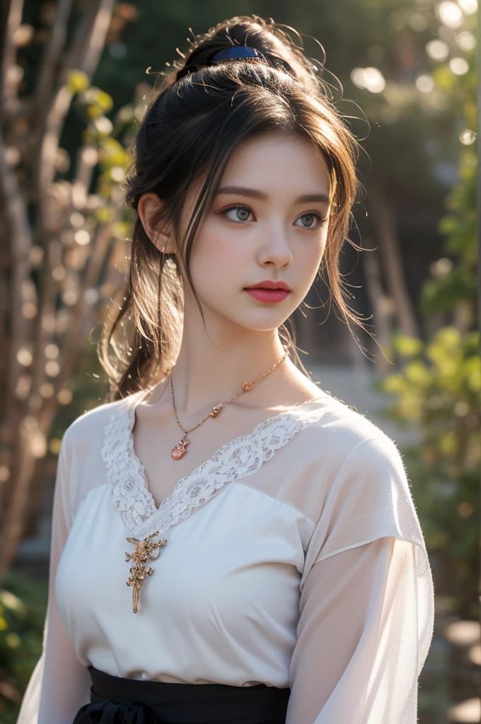 1 beautiful girl in Hanfu costume, ((black thin purple silk shirt with a lot of texture)), white lace top, long purple platinum ponytail Hair, Jewelry, ear jewelry, necklaces and necklaces, carefully drawn big purple eyes, makeup careful, thin eyebrows, high nose, beautiful red lips, no smile, pursed lips, rosy cheeks, wide breasts, big breasts, proportional breasts, slim waist, purple fishnet socks, chinese hanfu style, fictional art texture, colorful bright and realistic, RAW Photo, Realistic Photo, ultra high quality 8k surreal photo, (effective fantasy light effect: 1.8), 10x pixels, magical effect (Background): 1.8), ultradetailed eyes, full body portrait of girl , Chinese royal garden background, dynamic pose