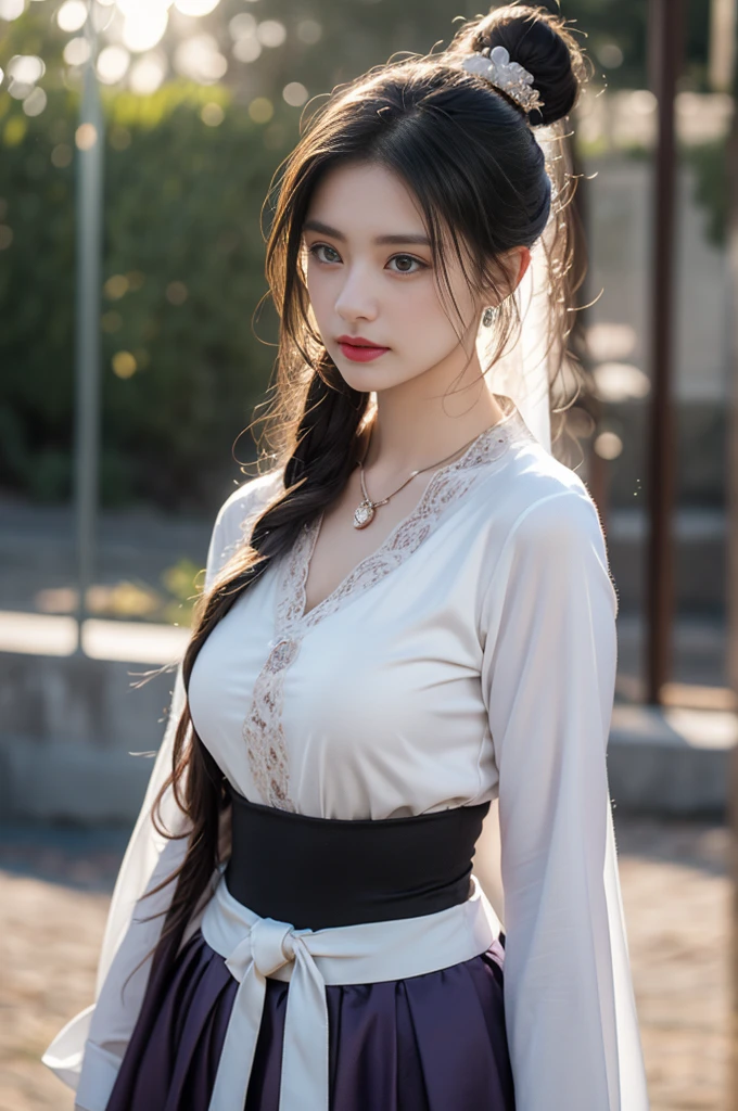 1 beautiful girl in Hanfu costume, ((black thin purple silk shirt with a lot of texture)), white lace top, long purple platinum ponytail Hair, Jewelry, ear jewelry, necklaces and necklaces, carefully drawn big purple eyes, makeup careful, thin eyebrows, high nose, beautiful red lips, no smile, pursed lips, rosy cheeks, wide breasts, big breasts, proportional breasts, slim waist, purple fishnet socks, chinese hanfu style, fictional art texture, colorful bright and realistic, RAW Photo, Realistic Photo, ultra high quality 8k surreal photo, (effective fantasy light effect: 1.8), 10x pixels, magical effect (Background): 1.8), ultradetailed eyes, full body portrait of girl , Chinese royal garden background, dynamic pose