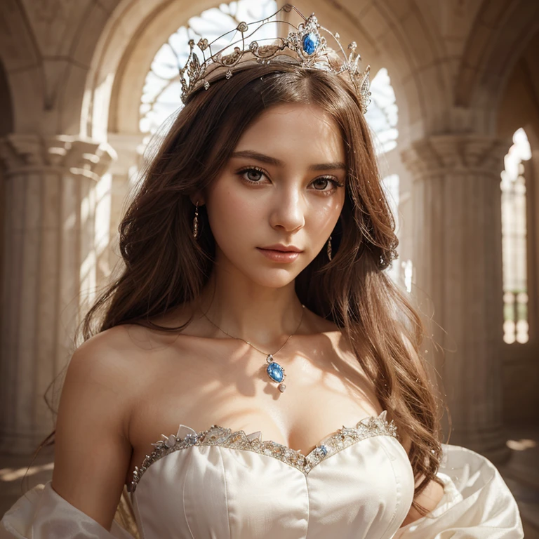 (masterpiece, best quality:1.5), highest quality, High resolution, super detailed, Realists, Upper body photo of a brunette sorceress, detailed and beautiful eyes, beautiful detailed lips, very detailed eyes and face, longeyelashes, shiny satin dress, Holding a magic wand in your hand and performing eine Transformation spell, Magic wands present and shiny, Beautiful and colorful makeup, elegant and noble々The jewelry bag, Gardens as background, soft daylight, bright colors, fine brushstrokes, Portrait style, Silk dress fabric, beautiful color palette, glowing skin, First-class rendering, that captures every detail, enchanting atmosphere, subtle shadows and lights, (perfect anatomy:1.2), (The stunning sorceress transforms birds into her crown (eine Transformation):1.4), (magnificent panorama view:1.2)