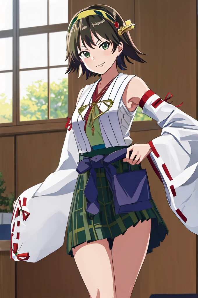 Highest quality, masterpiece, High resolution, alone, (Hiei Kaisan_Fleet Collection), ((オレンジ色hair)), hairband, headgear, Non-traditional_Shrine maiden, smile, green_eye, Inverted up_hair, smile, One Girl, dependent_sleeve, green_skirt, Plaid, Plaid_skirt, ribbon-trimmed_sleeve, ribbon_trim, skirt, (indoor, office, living room), 