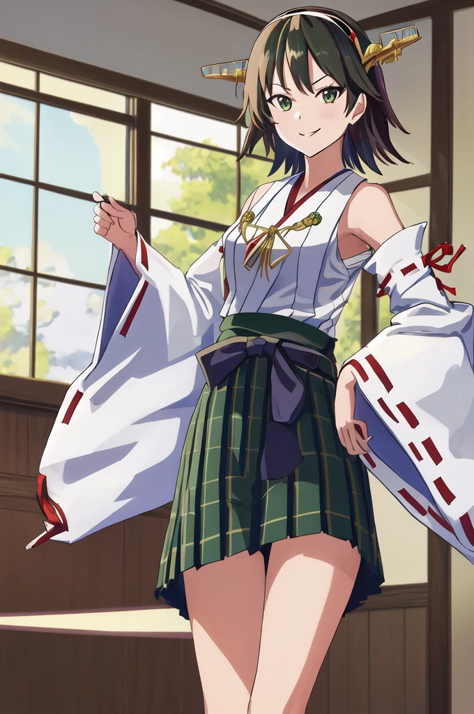 Highest quality, masterpiece, High resolution, alone, (Hiei Kaisan_Fleet Collection), ((オレンジ色hair)), hairband, headgear, Non-traditional_Shrine maiden, smile, green_eye, Inverted up_hair, smile, One Girl, dependent_sleeve, green_skirt, Plaid, Plaid_skirt, ribbon-trimmed_sleeve, ribbon_trim, skirt, (indoor, office, living room), 