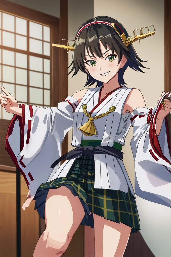 Highest quality, masterpiece, High resolution, alone, (Hiei Kaisan_Fleet Collection), ((オレンジ色hair)), hairband, headgear, Non-traditional_Shrine maiden, smile, green_eye, Inverted up_hair, smile, One Girl, dependent_sleeve, green_skirt, Plaid, Plaid_skirt, ribbon-trimmed_sleeve, ribbon_trim, skirt, (indoor, office, living room), 