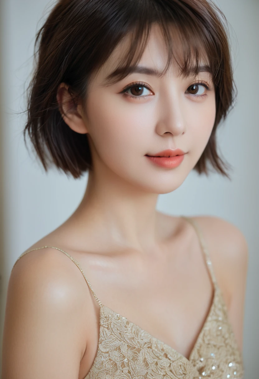 night, Original Photography, (((Very beautiful portrait))), (Very beautiful portrait))), 1 girl, Sexy 25 year old girl, ((Natural brown short hair)), [Brown eyes],Staring at the camera with a gentle smile(cleveage), ((masterpiece, best quality, Ultra Detailed, light, Intricate details, HD, 8K, Very detailed)), Detailed background, 8K UHD, Digital SLR Camera, 柔和的light, high quality, Film Grain, Fuji XT3, Shallow depth of field, Natural light, Perfect face