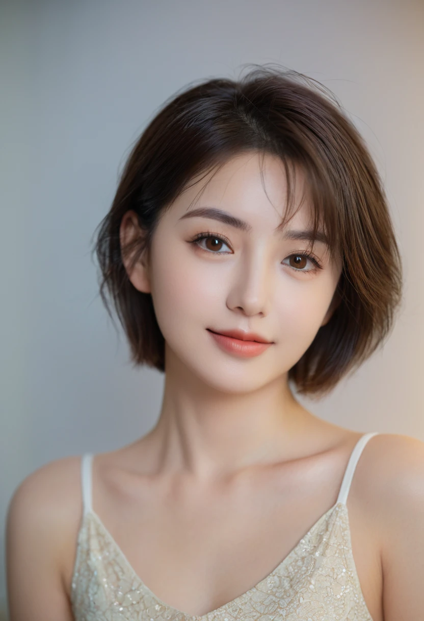 night, Original Photography, (((Very beautiful portrait))), (Very beautiful portrait))), 1 girl, Sexy 25 year old girl, ((Natural brown short hair)), [Brown eyes],Staring at the camera with a gentle smile(cleveage), ((masterpiece, best quality, Ultra Detailed, light, Intricate details, HD, 8K, Very detailed)), Detailed background, 8K UHD, Digital SLR Camera, 柔和的light, high quality, Film Grain, Fuji XT3, Shallow depth of field, Natural light, Perfect face
