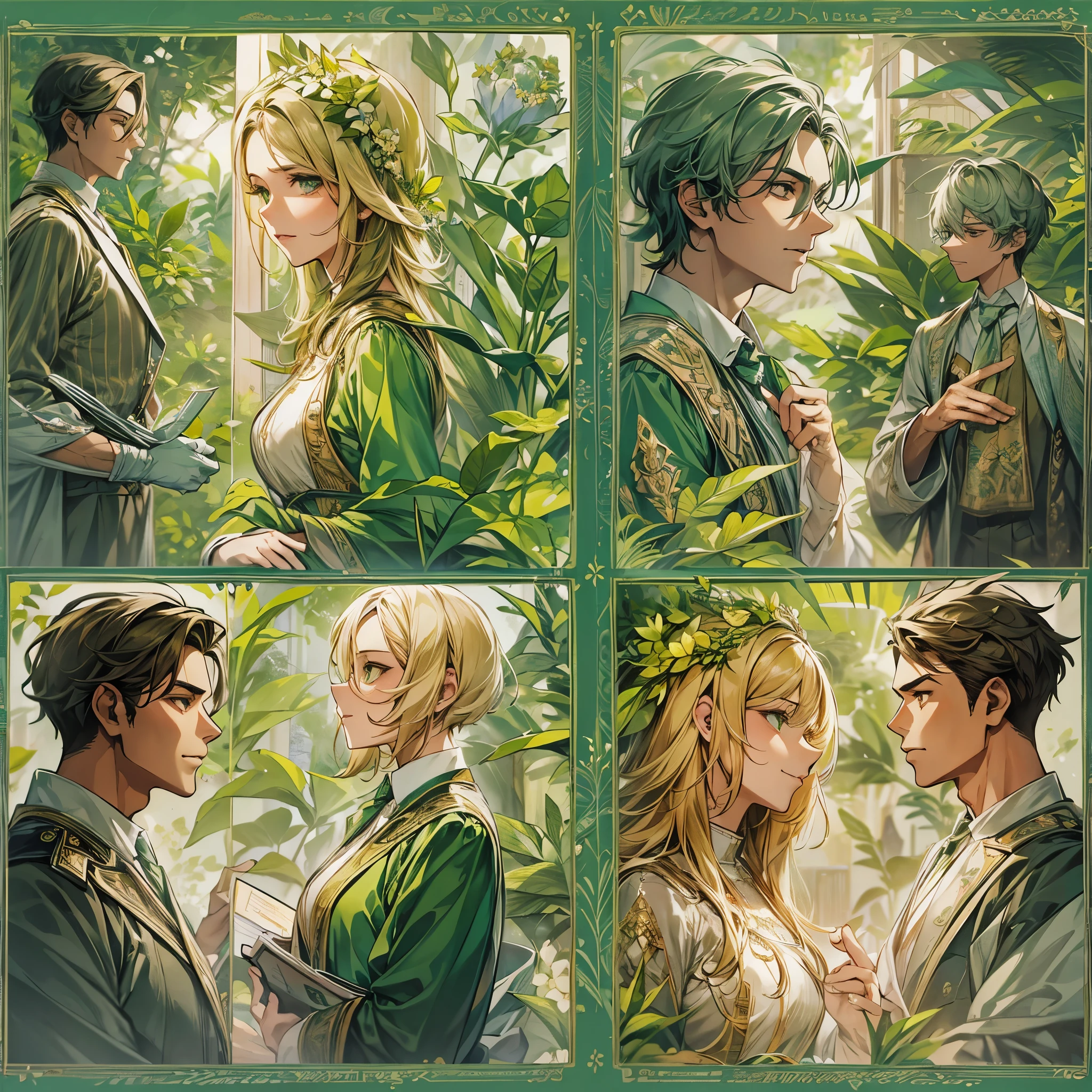 Create an image divided into four sections with a green theme: a lively Campaigner male, a serene Mediator female, a confident Protagonist male, and a wise Advocate male, each in distinctive poses against a unified backdrop with shades of green, incorporating delicate and mystical elements to enhance the overall visual appeal.