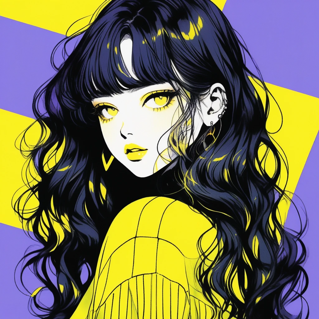 (Highest quality, sketch:1.2),Realistic,Illustrator,anime,1 girl, Detailed lips, sweater, custom, Yellow gradient background, Neon Hair, Blunt bangs, Wavy long hair, Texture Cropping, masterpiece, Style: Retro Classic, Dark Black 