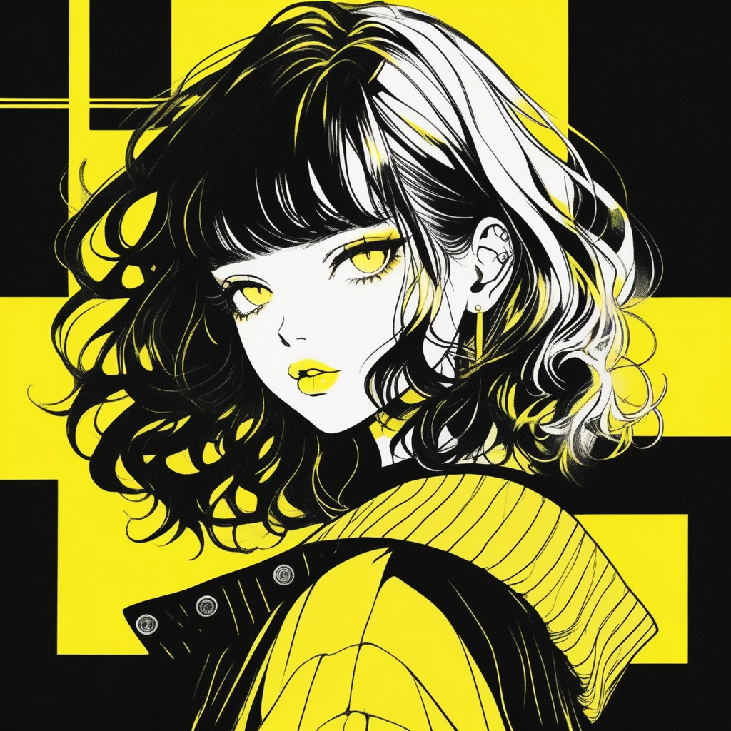 (Highest quality, sketch:1.2),Realistic,Illustrator,anime,1 girl, Detailed lips, sweater, custom, Yellow gradient background, Neon Hair, Blunt bangs, Wavy long hair, Texture Cropping, masterpiece, Style: Retro Classic, Dark Black 