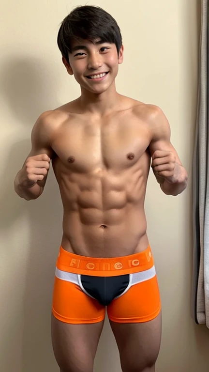 Japanese men、、Muscles and smooth skin、Very short black hair、A relaxed and friendly smile、Showing off his thin orange boxer briefs、The whole body is well visible、Pumping one&#39;s fist in a tiny bathroom、Laughing with mouth open、