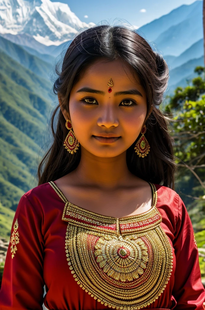 Nepali girl wearing traditional dress realistic picture slidely zoom Himalayan background 