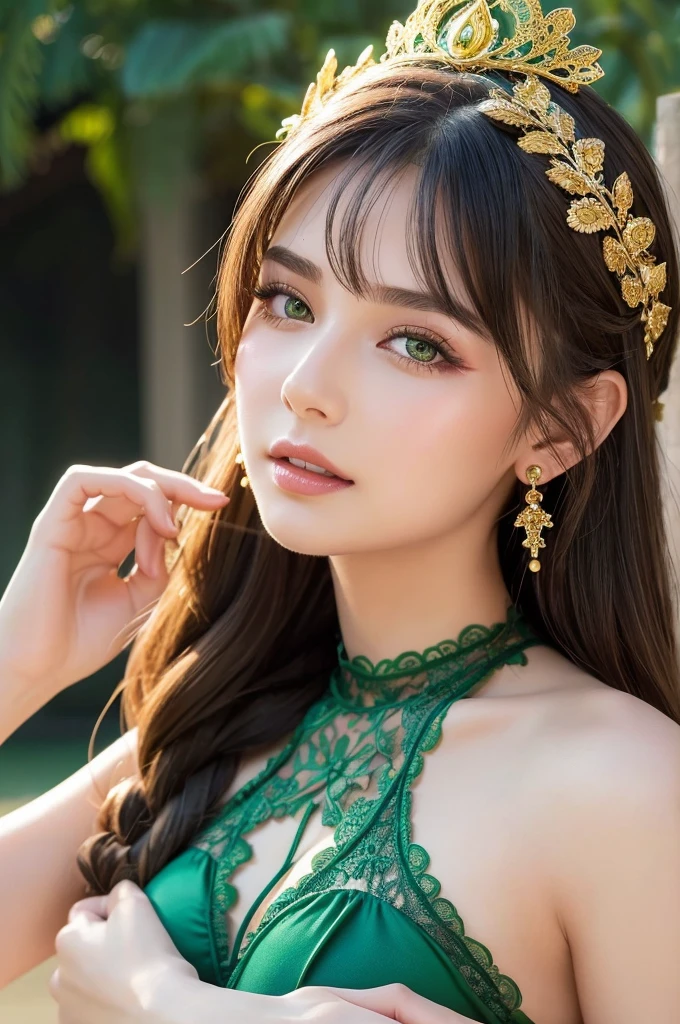 (Highest quality, masterpiece:1.2), High resolution, Very detailed, Realistic:1.37, Fantasy, An illustration, Green Eyes、Queen, ((Red lace swimsuit)).Platinum decoration、beautifully、Eyeshadow Red、Thick eyebrows、Long eyelashes、pupils are black、Her hair is dark green、Gold crown、Kissing Face、Embarrassing、Beloved by the crowd、Hair is green、Braiding、hair ornaments、(Keep the image of your face).(Gentle laughter).