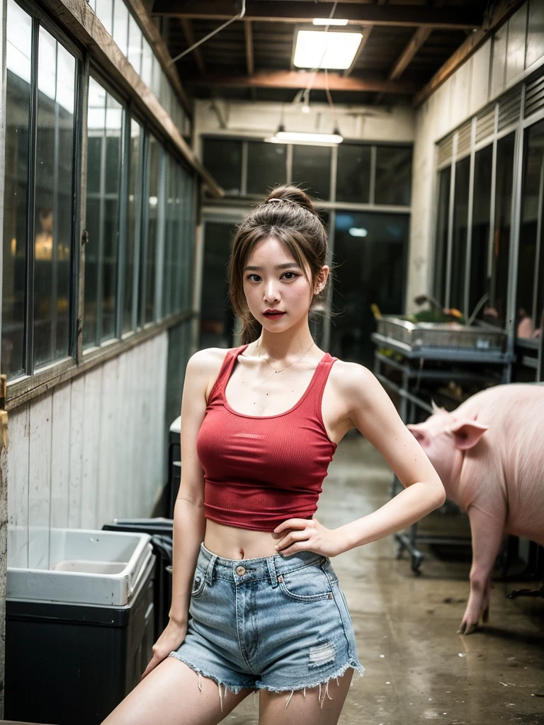 group photo of a girl and a huge pig,stood in the middle of a pig farm,short ponytail,bare shoulders,flat chests,torn tank top,torn shorts,arms behind back,slender legs,realistic scenery,photography carnival,wildlife photography,aurora punk,animal and human styles,upper body,indoor