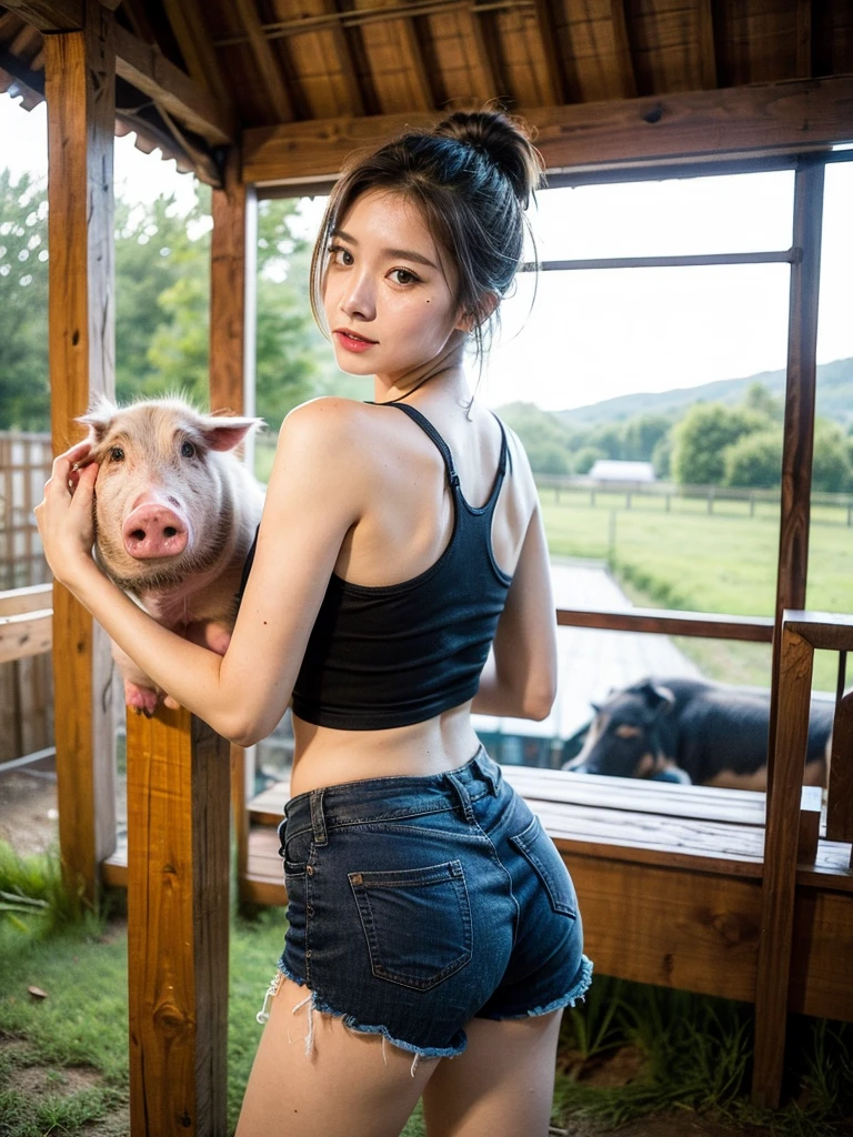 group photo of a girl and a huge pig,stood in the middle of a pig farm,short ponytail,bare shoulders,flat chests,torn tank top,torn shorts,arms behind back,slender legs,realistic scenery,photography carnival,wildlife photography,aurora punk,animal and human styles,upper body,indoor