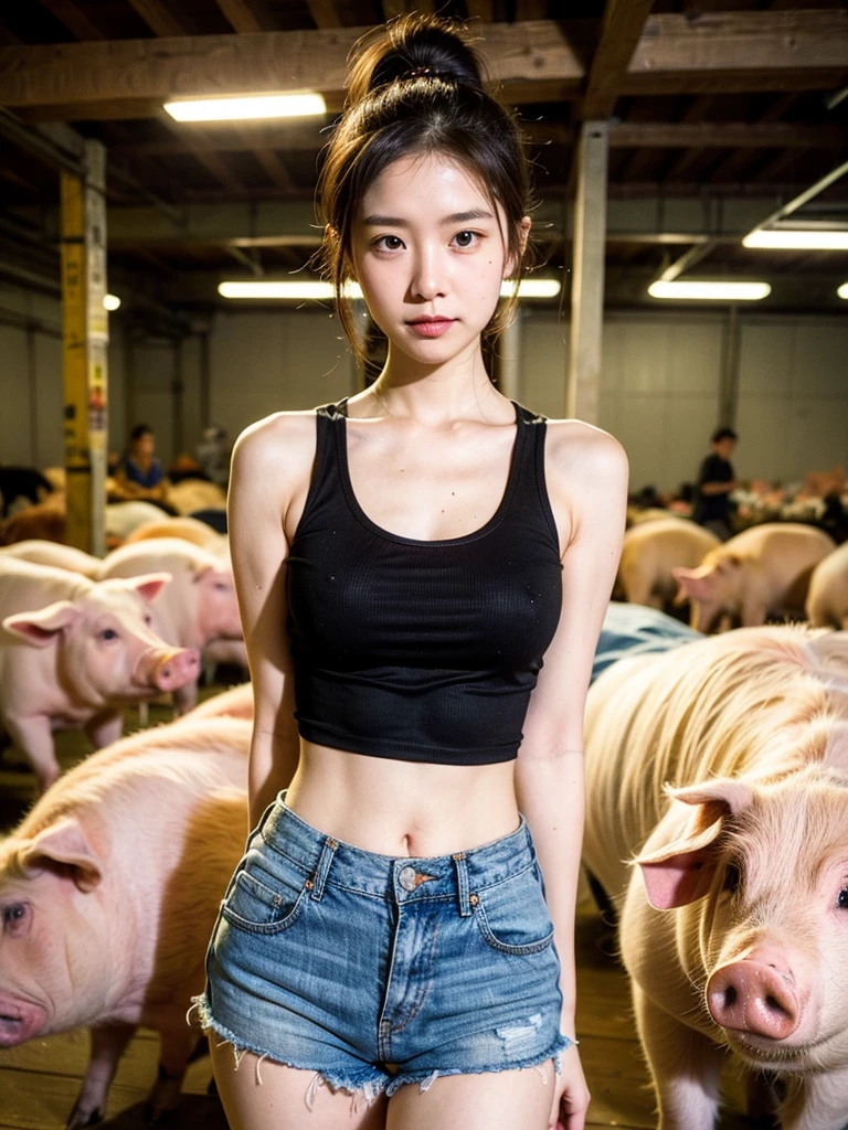 group photo of a girl and a huge pig,stood in the middle of a pig farm,short ponytail,bare shoulders,flat chests,torn tank top,torn shorts,arms behind back,slender legs,realistic scenery,photography carnival,wildlife photography,aurora punk,animal and human styles,upper body,indoor