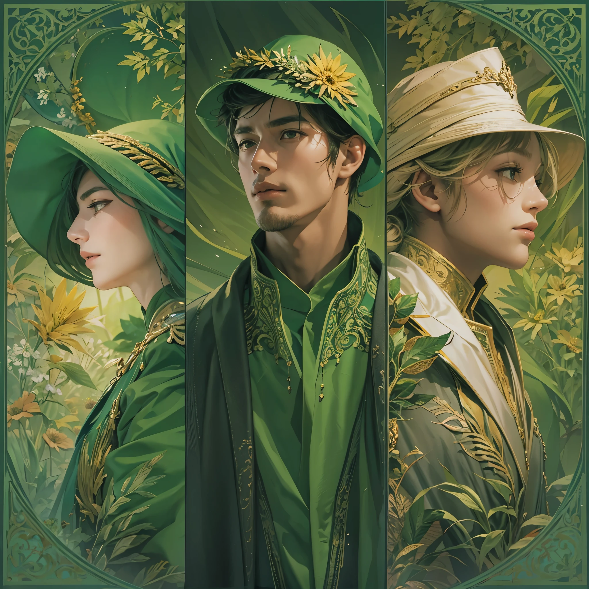 Create an image divided into four sections with a green theme: a lively Campaigner male, a serene Mediator female, a confident Protagonist male, and a wise Advocate male, each in distinctive poses against a unified backdrop with shades of green, incorporating delicate and mystical elements to enhance the overall visual appeal.