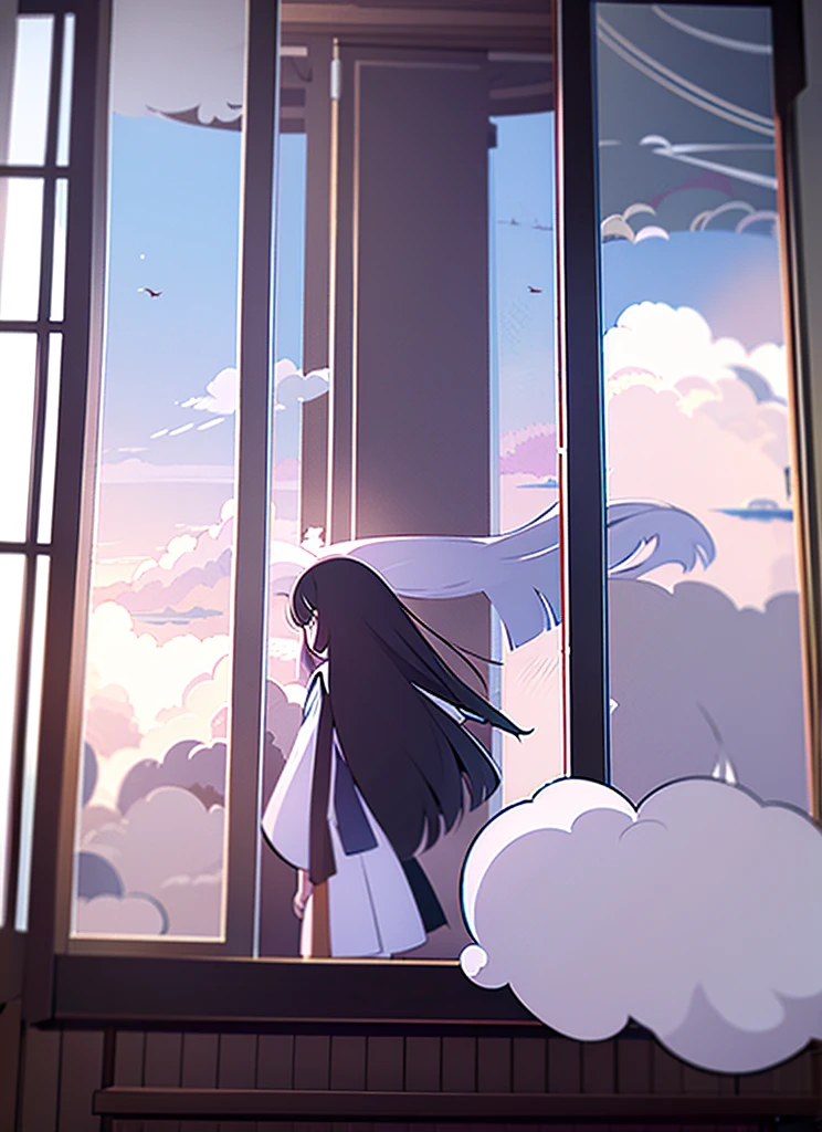 1girl, Living Room, Sailor suit, short sleeve, Cumulonimbus, buzzer, Window, long hair, blunt bangs, black hair, masterpiece, snapshot, The wind is blowing