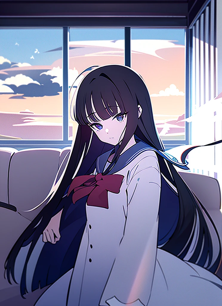 1girl, Living Room, Sailor suit, short sleeve, Cumulonimbus, buzzer, Window, long hair, blunt bangs, black hair, masterpiece, snapshot, The wind is blowing