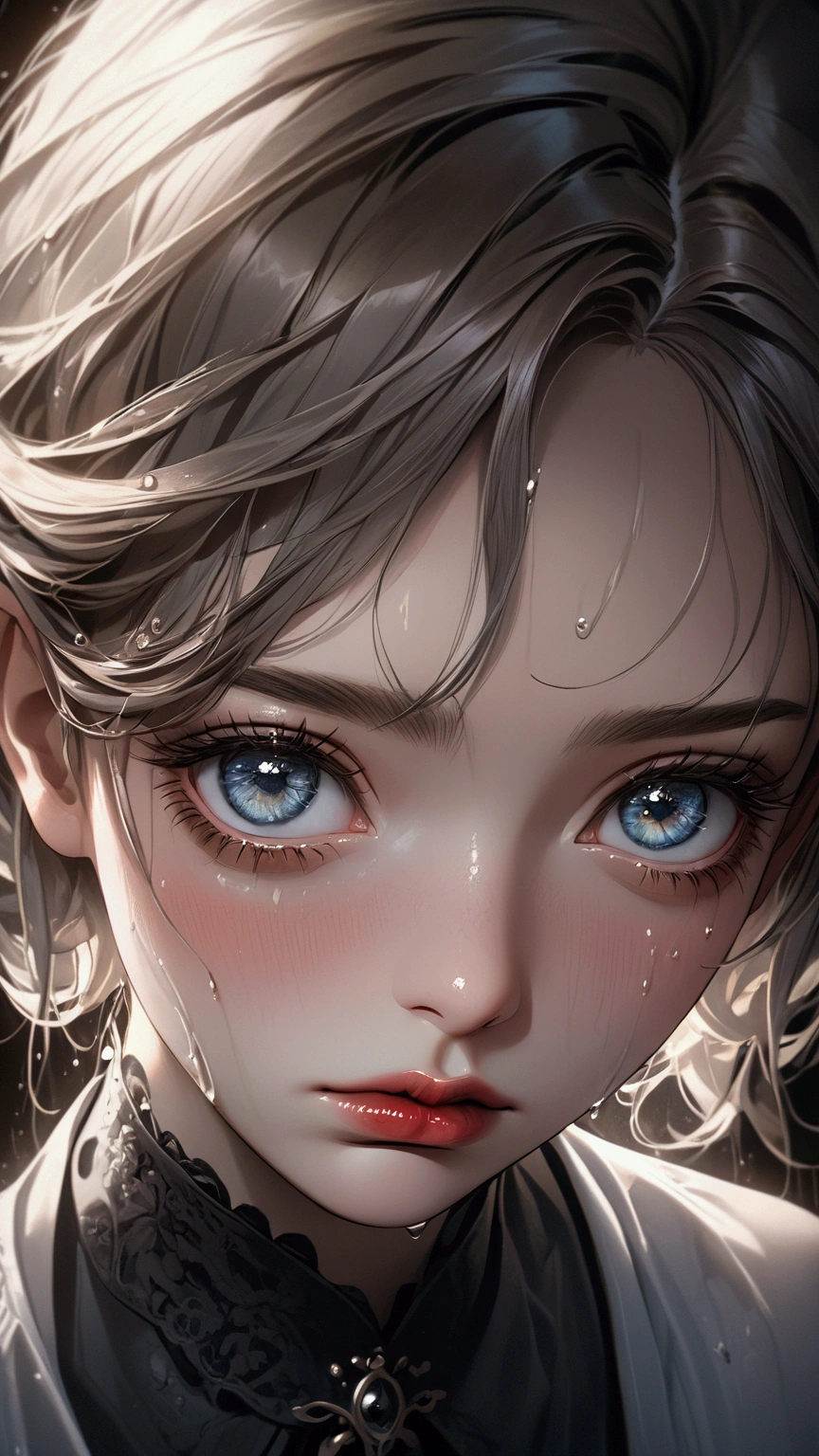 A girl with beautiful detailed eyes, beautiful detailed lips, extremely detailed eyes and face, long eyelashes, sad expression, wet glistening lips, cinematic lighting, dramatic chiaroscuro, moody colors, oil painting, high quality, photorealistic, masterpiece