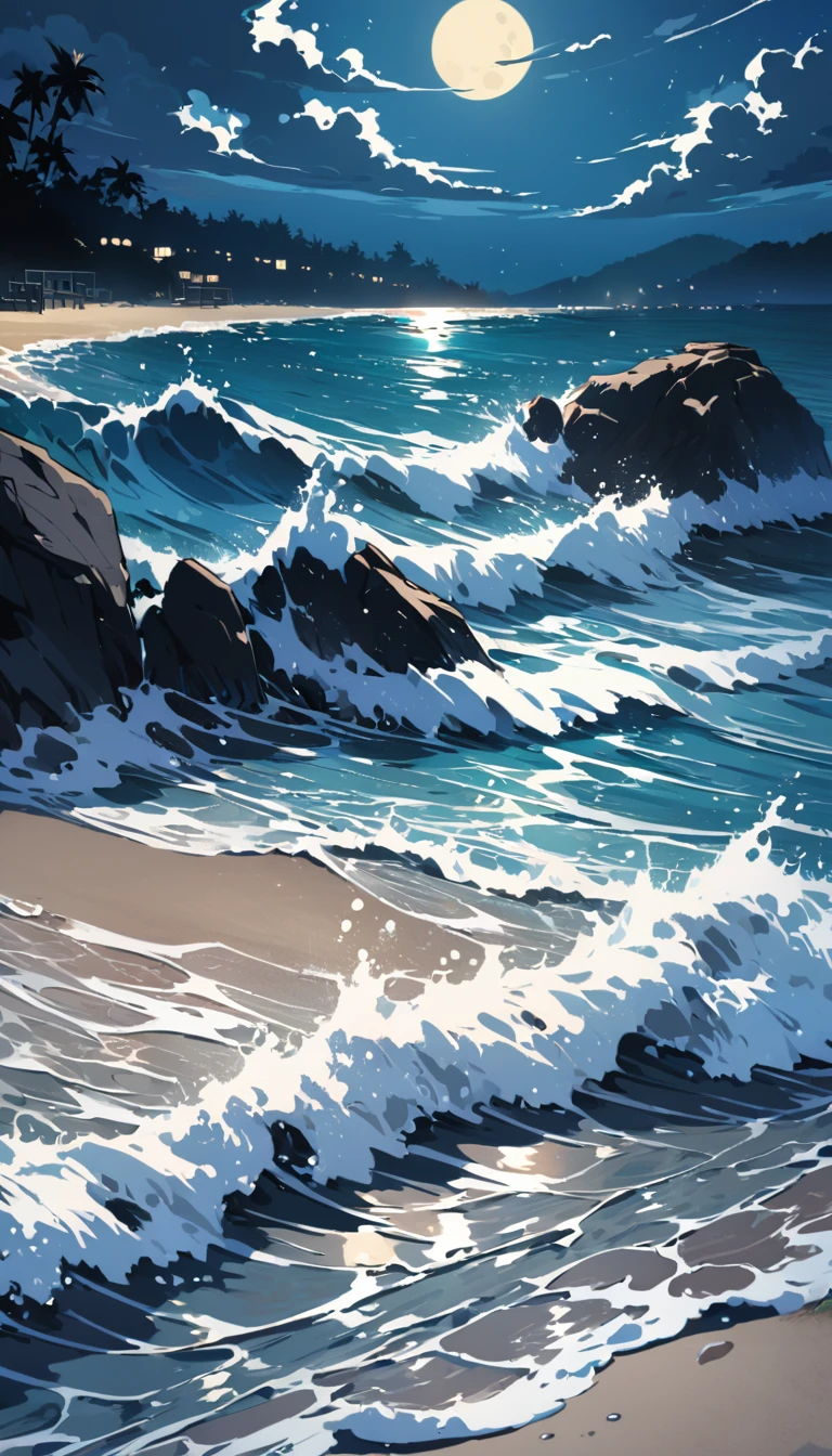 4K detailed photography. Illustrated style. Country beach, night, waves, moon