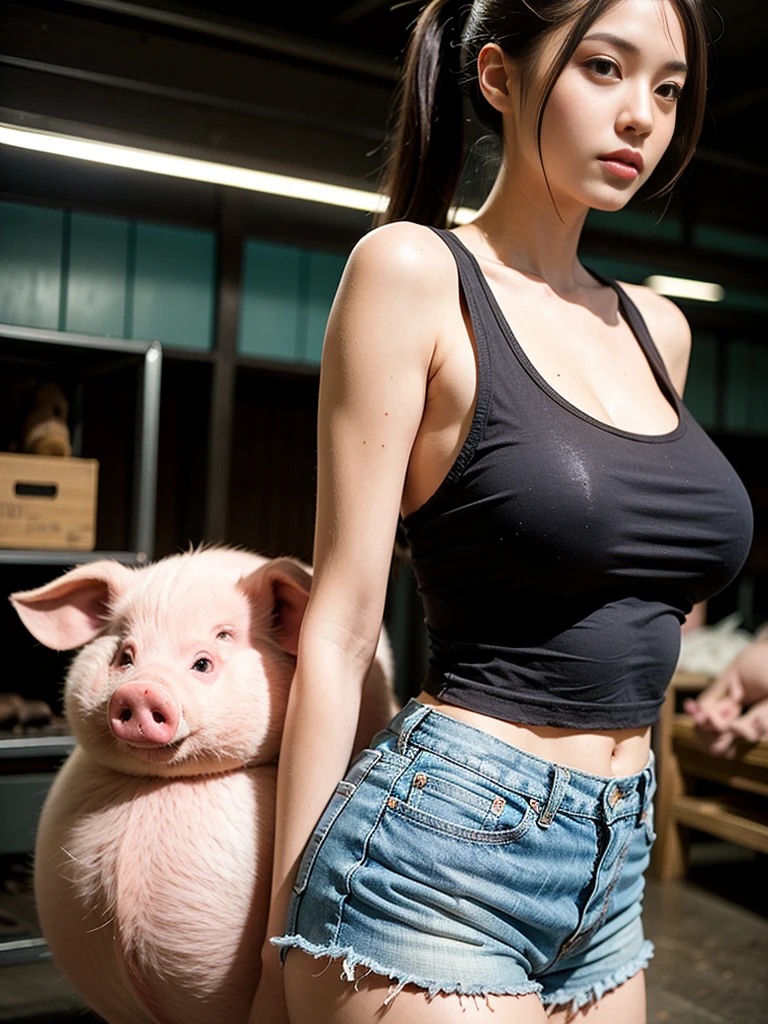 group photo of a girl and a huge pig,stood in the middle of a pig farm,short ponytail,bare shoulders,flat chests,torn tank top,torn shorts,arms behind back,slender legs,realistic scenery,photography carnival,wildlife photography,aurora punk,animal and human styles,upper body,indoor
