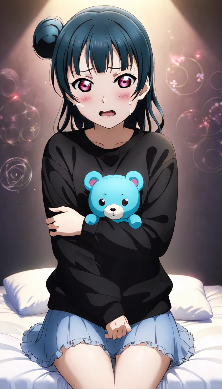 Create an illustration of Yoshiko Tsushima from "Love Live! Sunshine!!". She has long blue hair and red eyes. She's wearing a black sweatshirt, sitting on her bed in a dimly lit room with a fan, and crying intensely，One girl, Highest quality, far and near method, tears, Are crying, Anxious,Dark Room、Magic circle poster、Hugging a devil teddy bear、Long Hair、far and near method