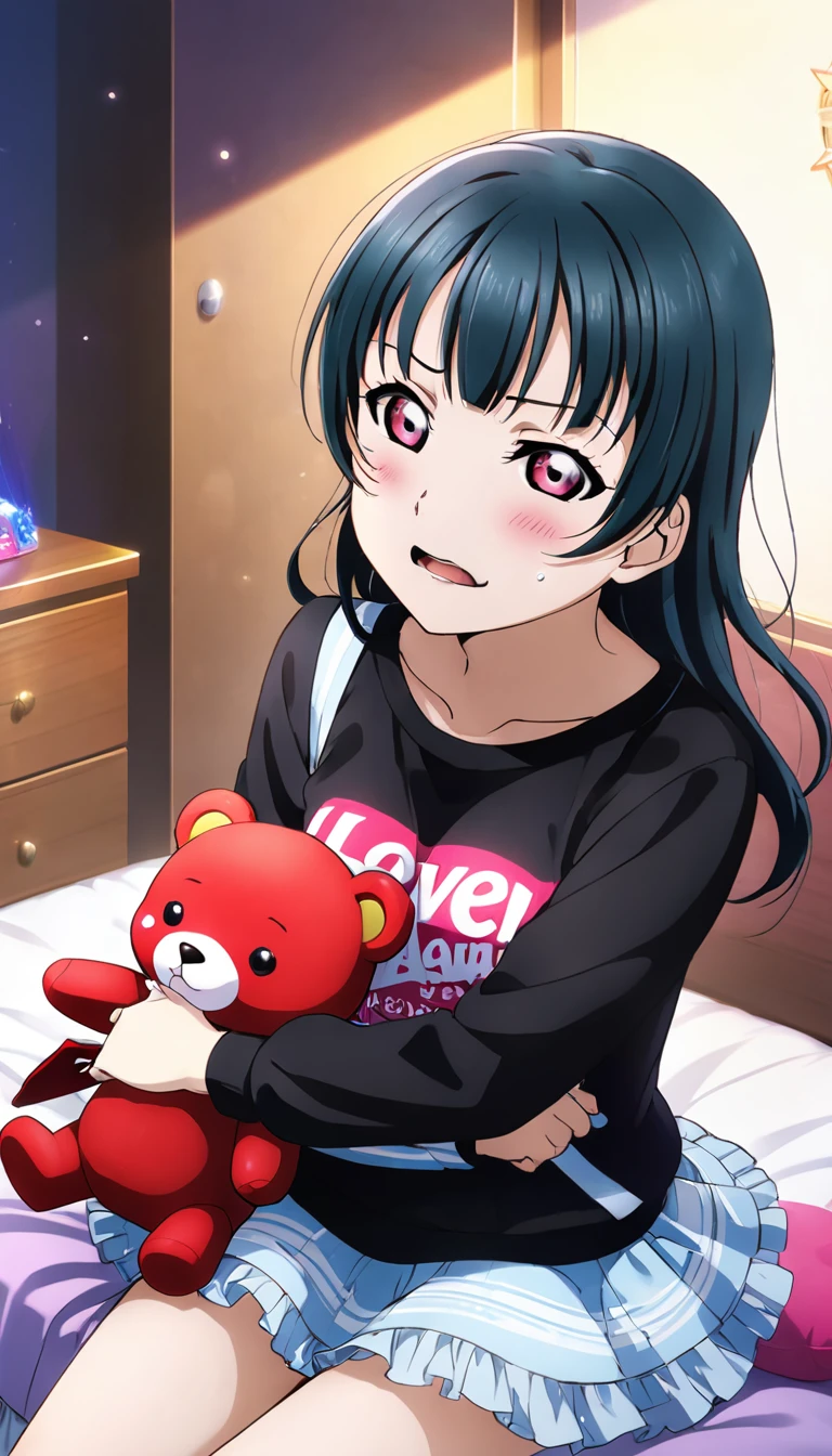 Create an illustration of Yoshiko Tsushima from "Love Live! Sunshine!!". She has long blue hair and red eyes. She's wearing a black sweatshirt, sitting on her bed in a dimly lit room with a fan, and crying intensely,One girl, Highest quality, far and near method, tears, Are crying, Anxious,Dark Room、Magic circle poster、Hugging a devil teddy bear、Long Hair、far and near method