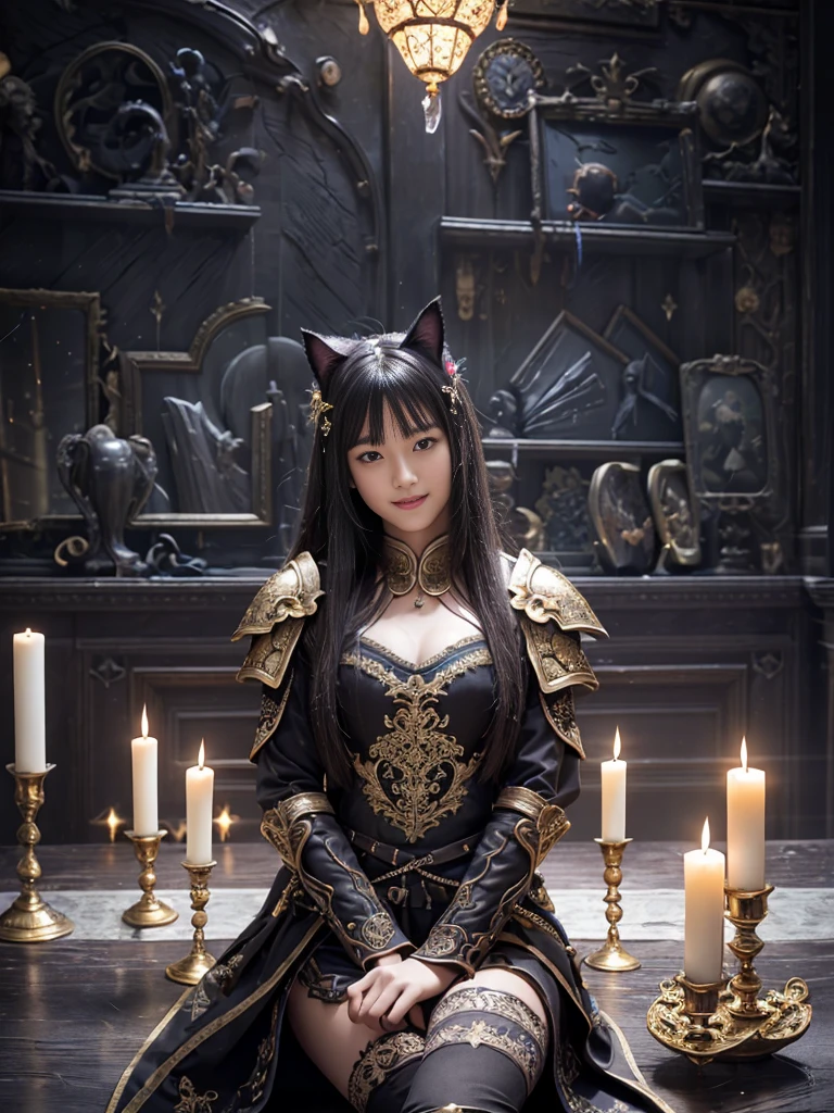 Realistic photos、18-year-old、Beauty、Two Girls、(Realistic Skin:1.5)、Western Pavilion、Fantasy World、(Dark Room:1.8)、(Sit on a chair、Spread your legs、Thighs、Floating fireball、blue fireball、Woman staring at a fireball)、shadow、dramatic、Impressive movie、slender、Full body photo、Multicolored Armor、Detailed ornamental armor、Woman warrior、Boss character、Tight waist、Metal Hair Ornament、Black Hair、Straight hair、bangetal cat ears、A fearless smile、Perfect white teeth、Highest quality、High resolution、(masterpiece)、Professional photos、8k resolution、Intricate details、Physically Based Rendering、8k wallpaper、