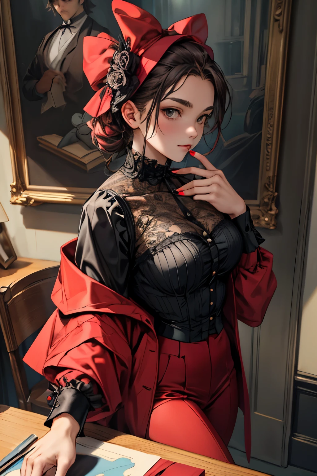 ((masterpiece)), (best quality), realistic, beautiful, ((extremely detailed face)), perfect lighting, (((ultra-detailed))), bold colors, sharp focus
Audrey Hepburn, a young woman, with ((stylish messy sassy short golden brown hair)), in sexy modern business fashion.
enters Gothic orphanage office
((Short red jacket, ((black lacy babydoll  top)), short black skirt, strappy stiletto heels))