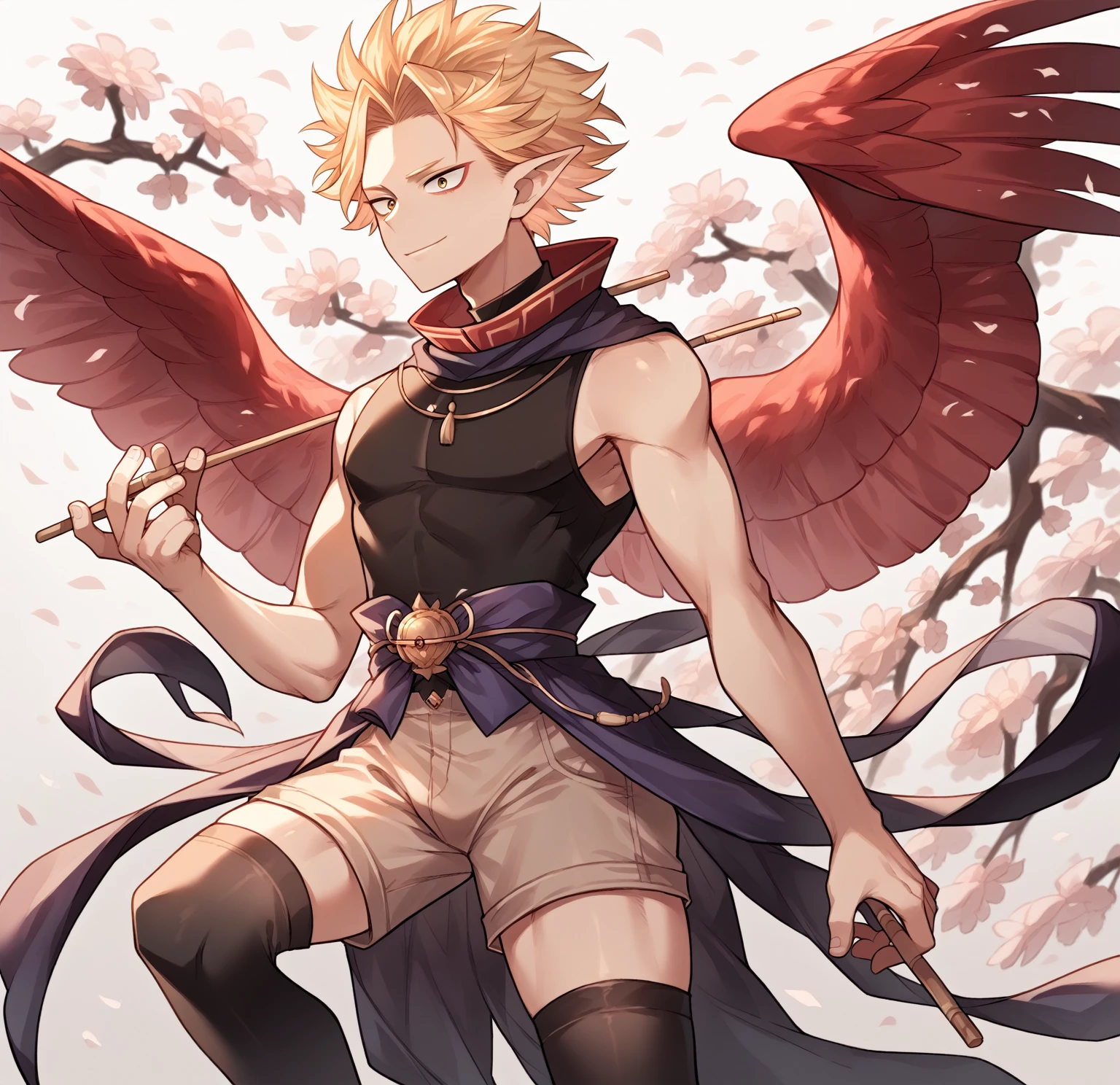 [1], Alone, short stature, blonde gay boy, submissive, slicked back hair, two front strands that stick out, gold eyes, red wings on the back, delicate hands, fine ranges, delicate, submissive, pointy ears, curves thighs, small waist, dress: dark sleeveless long collar shirt, light brown shorts, lewd dark thigh high stockings, seated, apariencia submissive, chico delicate, little smile, Cherry blossoms, Hawks, Boku no Hero Academia