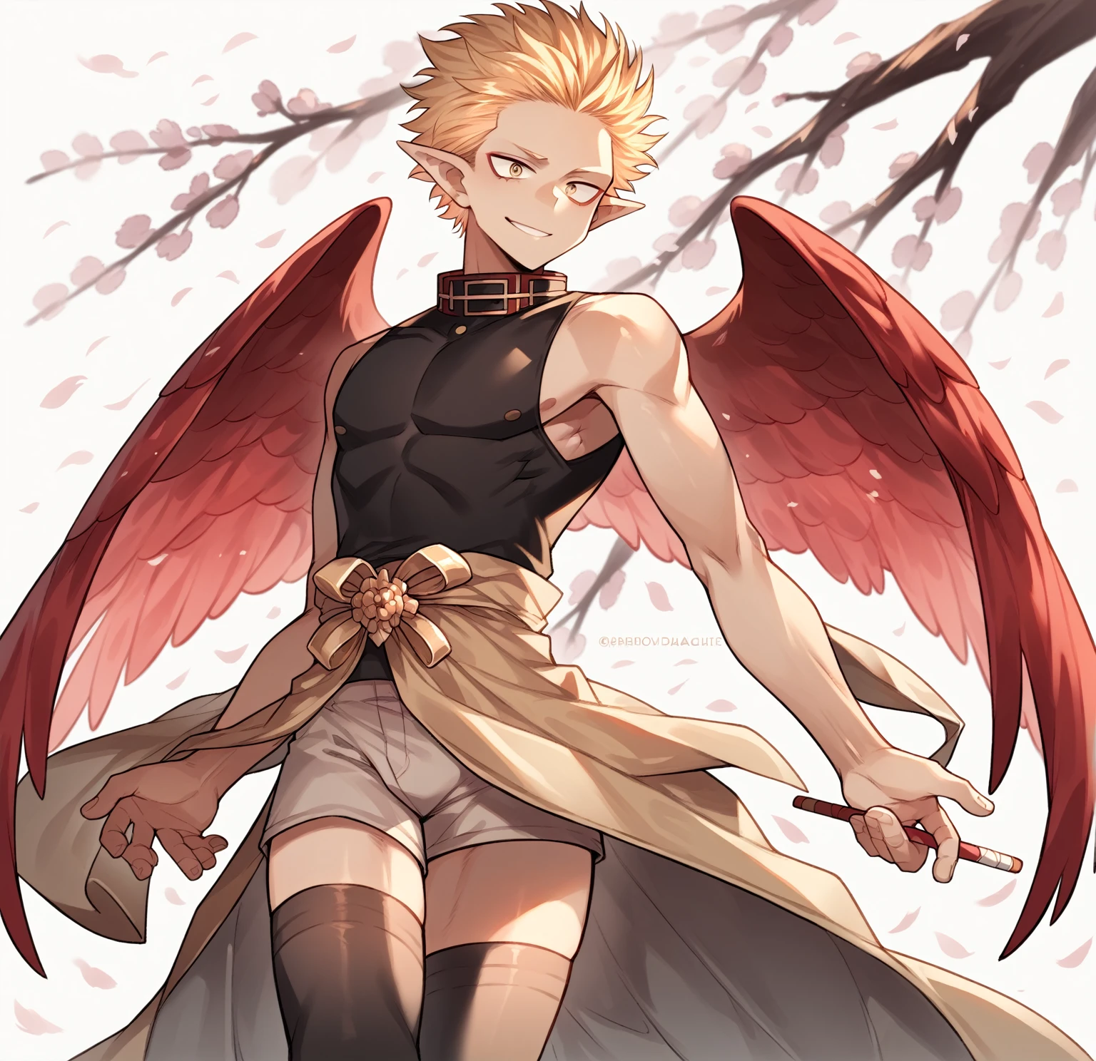 [1], Alone, short stature, blonde gay boy, submissive, slicked back hair, two front strands that stick out, gold eyes, red wings on the back, delicate hands, fine ranges, delicate, submissive, pointy ears, curves thighs, small waist, dress: dark sleeveless long collar shirt, light brown shorts, lewd dark thigh high stockings, seated, apariencia submissive, chico delicate, little smile, Cherry blossoms, Hawks, Boku no Hero Academia