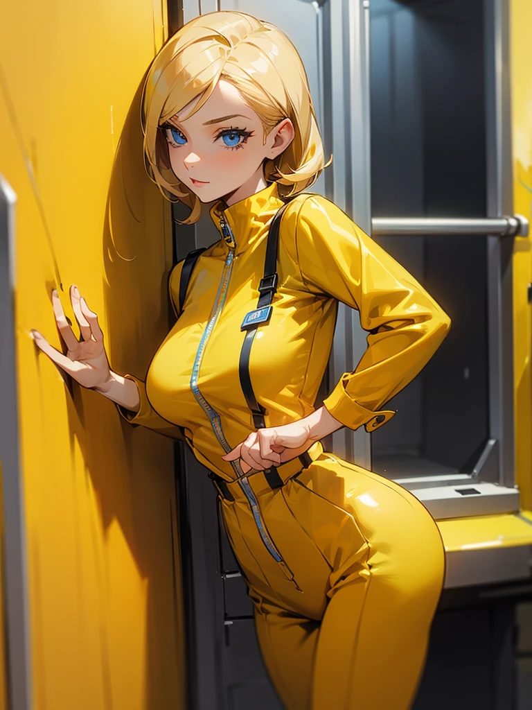 a mature woman , pose de heroi, blondie hair, blue bright eyes, wearing a mustard yellow jumpsuit. pose de heroi, 35 year old, electronic wall 