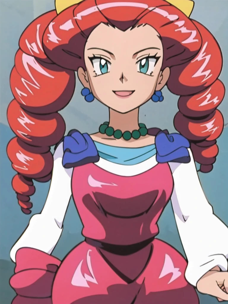 (masterpiece, best quality:1.2,,ultra detailed,8k),1girl,solo,Jessebelle \(pokemon\),dress,drill hair,red hair,earrings,green eyes,hair bow,long sleeves,necklace,smile,looking at viewer