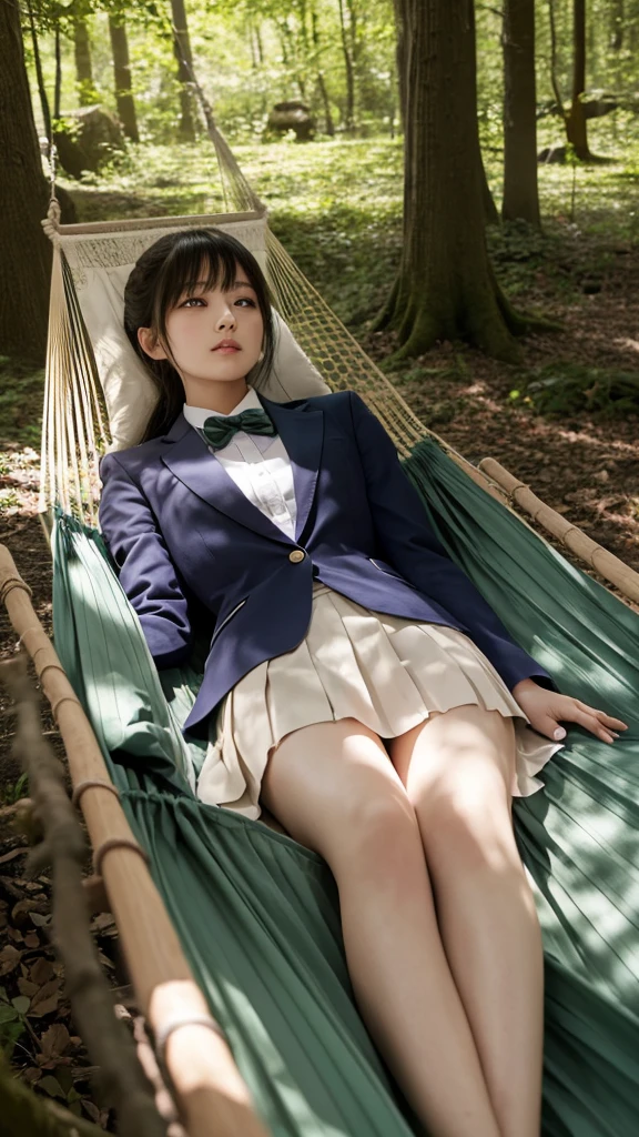 masterpiece, Highest quality, One girl, alone, Nahida_Genshin Impact, Cruciform pupil, ,blazer, Pleated skirt,Daytime: Sleeping in a hammock in the woods