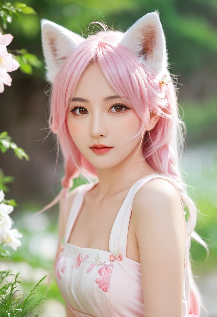 Nine snow-white fox tails (1.0), Milky white fox tail (1.0), Nine-tailed fox close-up, Nine Tails, Nine Tails, Pink Hair、Wearing a pink dress、Anime girl with flowers in her hair, very Beautiful anime fox girl, Beautiful anime fox girl, Beautiful fantasy anime, Gu Weiss, Anime girl with fox ears, Beautiful anime girl, Very beautiful and cute fox girl, Pink Flower Rain, Background blur, Anime style 4k, Anime Fantasy Artwork, 4k anime wallpaper, Guvez-style artwork