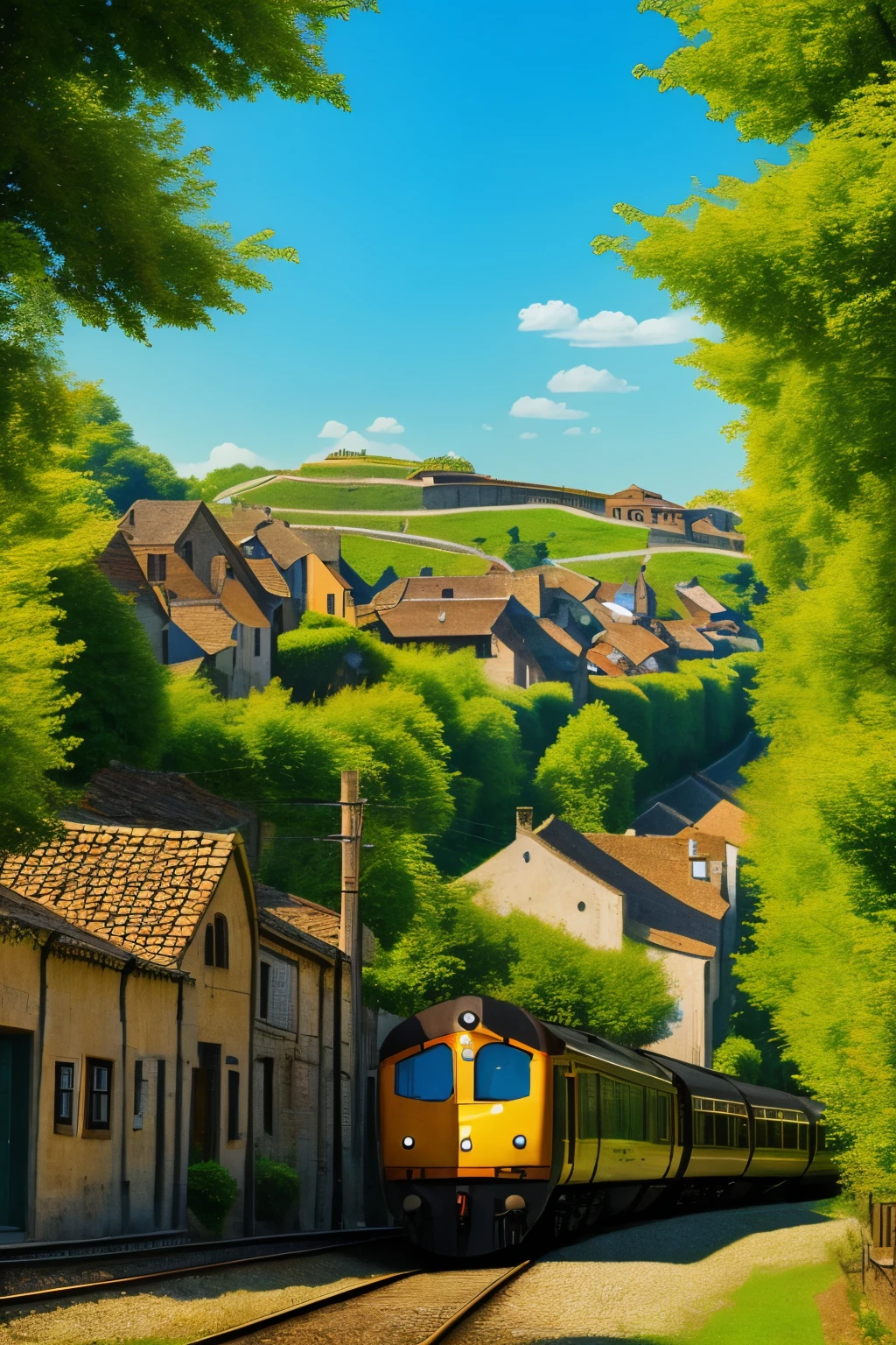 create a beautiful landscape that looks edited by a human being a beautiful village with a passing train