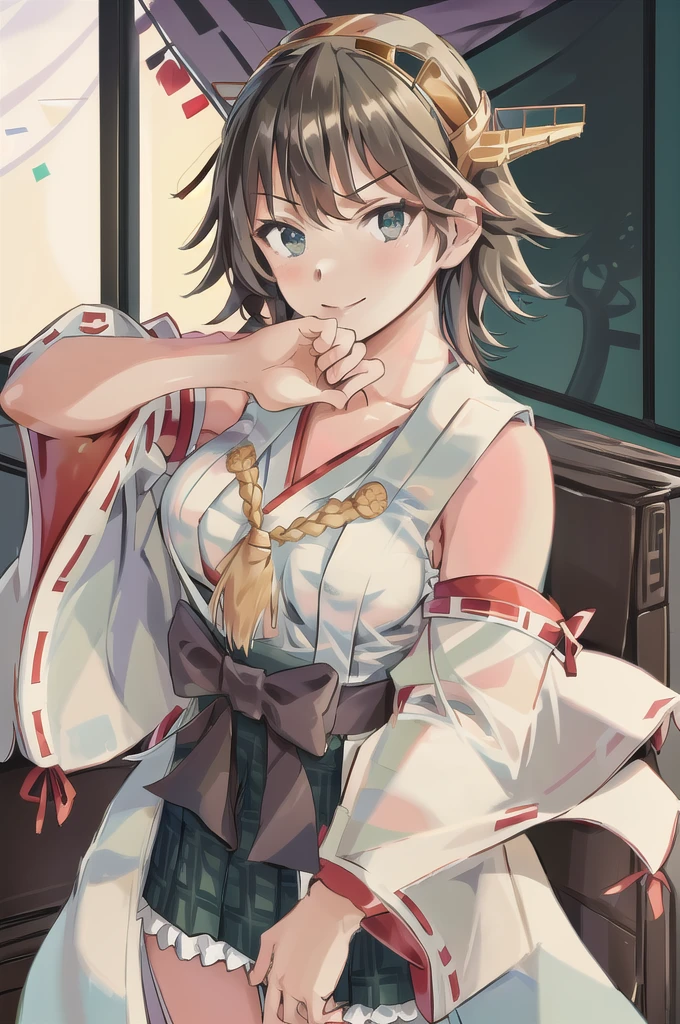 Highest quality, masterpiece, High resolution, alone, (Hiei Kaisan_Fleet Collection), ((オレンジ色hair)), hairband, headgear, Non-traditional_Shrine maiden, smile, green_eye, Inverted up_hair, smile, One Girl, dependent_sleeve, green_skirt, Plaid, Plaid_skirt, ribbon-trimmed_sleeve, ribbon_trim, skirt, (indoor, office, living room), 