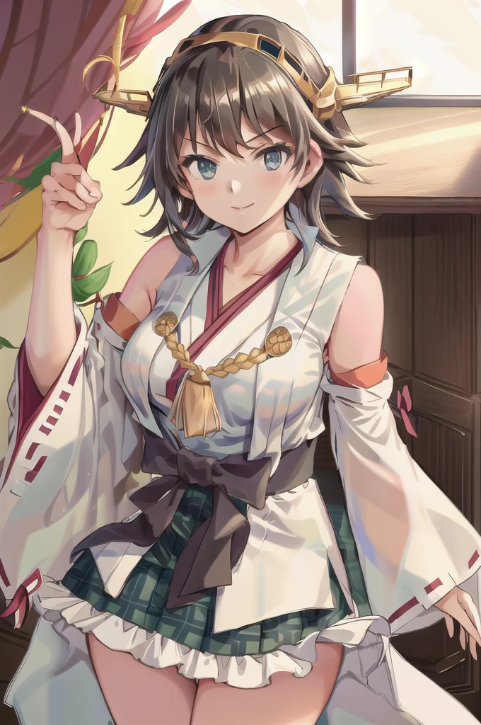 Highest quality, masterpiece, High resolution, alone, (Hiei Kaisan_Fleet Collection), ((オレンジ色hair)), hairband, headgear, Non-traditional_Shrine maiden, smile, green_eye, Inverted up_hair, smile, One Girl, dependent_sleeve, green_skirt, Plaid, Plaid_skirt, ribbon-trimmed_sleeve, ribbon_trim, skirt, (indoor, office, living room), 