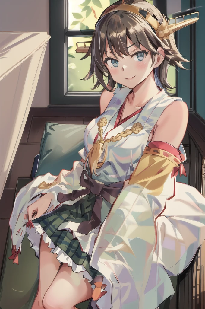 Highest quality, masterpiece, High resolution, alone, (Hiei Kaisan_Fleet Collection), ((オレンジ色hair)), hairband, headgear, Non-traditional_Shrine maiden, smile, green_eye, Inverted up_hair, smile, One Girl, dependent_sleeve, green_skirt, Plaid, Plaid_skirt, ribbon-trimmed_sleeve, ribbon_trim, skirt, (indoor, office, living room), 