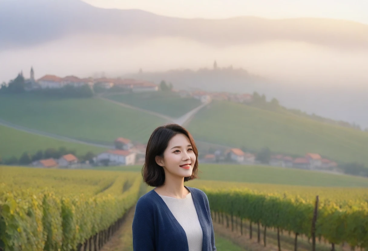 8k best picture quality, Beautiful 36-year-old Korean woman, Chest size 34 inches, Dawn in the early autumn countryside in northern Italy, View of the cathedral next to the vineyards, The back background is realistic and vivid quality., short medium hair, shirts and cardigans, Wear casual pants, Smile slightly. the background is clear, look up to the side., Looking at vineyards covered in thick fog from a hillside road