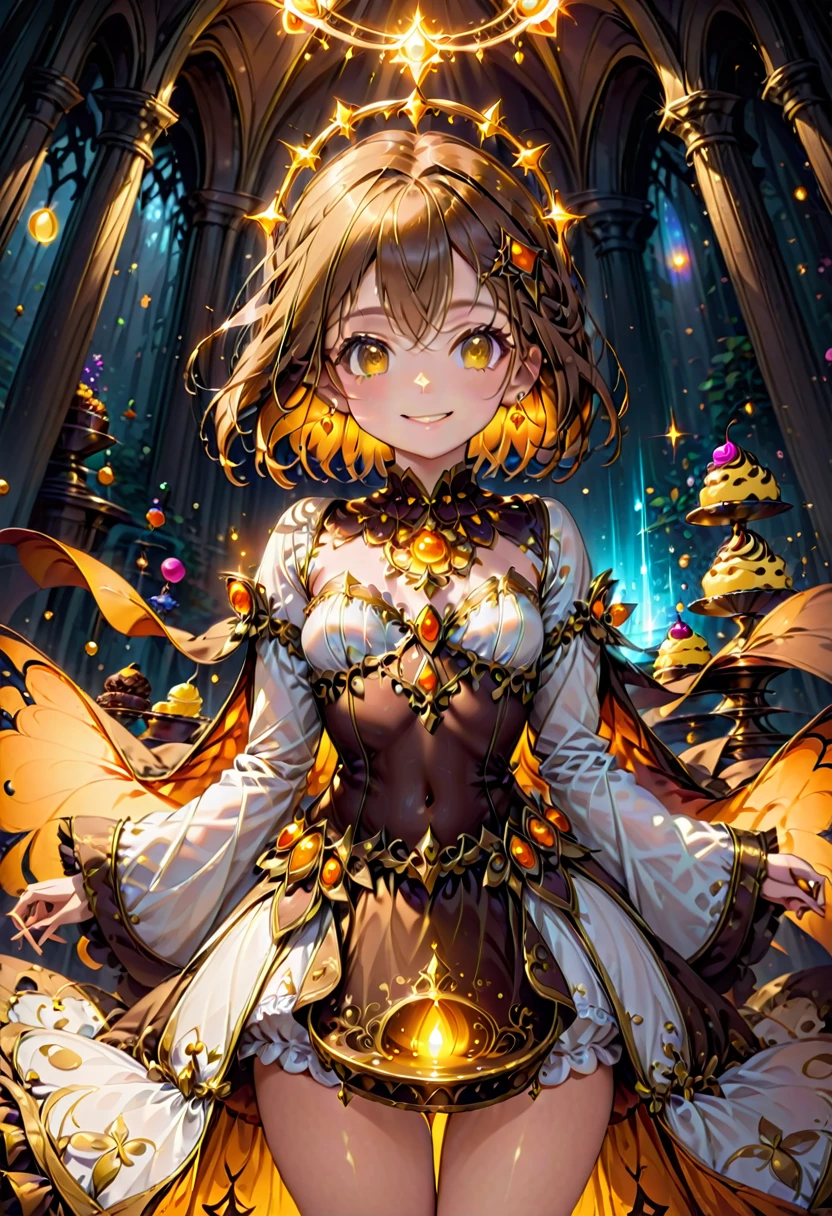 High resolution, high quality, High-resolution model, High detail, Very detailed, (Slim figure:1.3), (Small breasts:1.3), (Thin legs:1.3), (Costumes that hide the lines of the body:1.5), (Loose costumes:1.5), (Fantasy atmosphere:1.3), (Waist up shot:1.3), (Artistic background with various sweets as a theme:1.3), (Have a pudding:1.3), goddess, Girl, Very Short Hair, Straight Hair, smile, Happy face, Brown eyes, Gradient eyes, Front shot, Her hair is brown on top and orange on the bottom., Mysterious Circlet of Light, Neon-like earrings, White dress, mini skirt, Shiny yellow and orange gothic ornaments on the costume, A mysterious ring of light in the background extends off-screen, Mysterious light in the background, The background is yellow, orange and brown