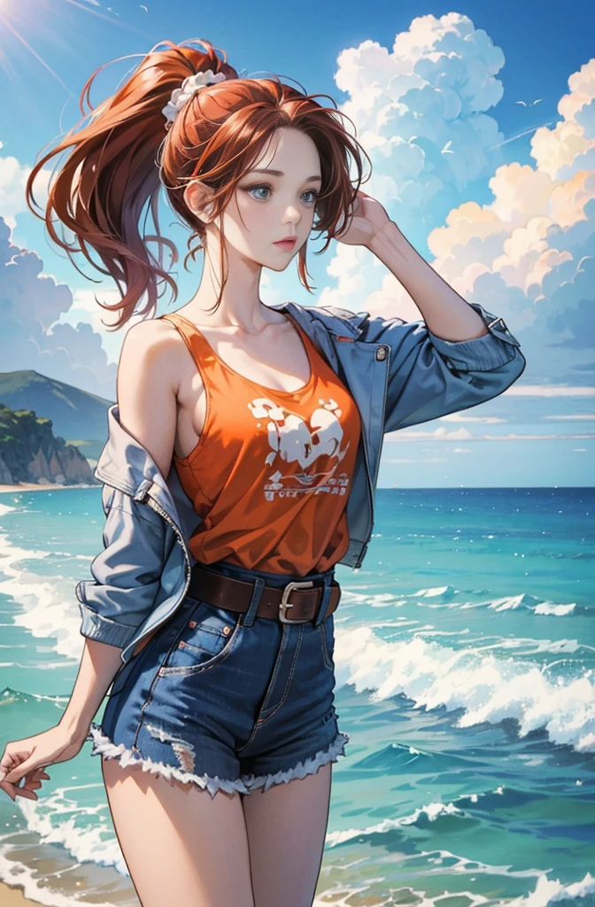 Very colorful, Pop feel, Blue sky, cumulonimbus, アメリカWest Coast, California, Pasadena, Beach, Seaside, Summer image, sense of openness, Beautiful woman with orange ponytail, Very beautiful detailed eyes, Beautiful and delicate eyes, Around 25 years old, Red Tank Top, Wearing a jacket, stylish belt, Perfect tall model figure, Cool Beauty, West Coast, Shining summer memories, Anime drawing by Yang J, シティポップのお洒落なCD jacket, Art Station Trends, realism, extremely detailed The buds of art, Realistic anime 3D style, Anime Style 4 k, Up to the model | The buds of art, Anime Style. 8k, Casual clothing, Realistic anime art style, style The buds of art, Sharp contours, Highest quality, The perfect angle, Perfect composition, Perfect subject, Best Shot, Official Art,CD jacket, 80's City Pop, Stylish, Very stylish, Anime drawings inspired by Yanjun Chen, Trending on Art Station, realism, Anime Style 4 k, Anime Style. 8k, Realistic Anime 3D Style, Realistic anime art style, Digital anime illustration, Style Anime, Gweiz-style artwork, Anime Style illustration, Digital anime art