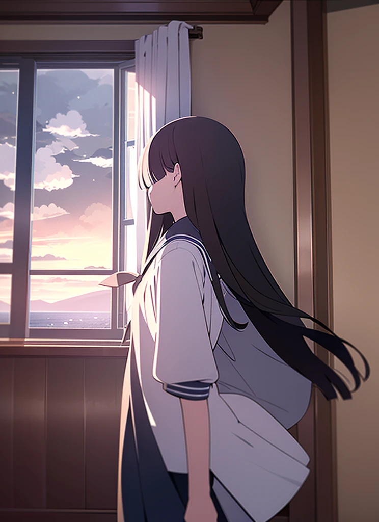 1girl, Living Room, Sailor suit, short sleeve, Cumulonimbus, buzzer, Window, long hair, blunt bangs, black hair, masterpiece, snapshot, The wind is blowing