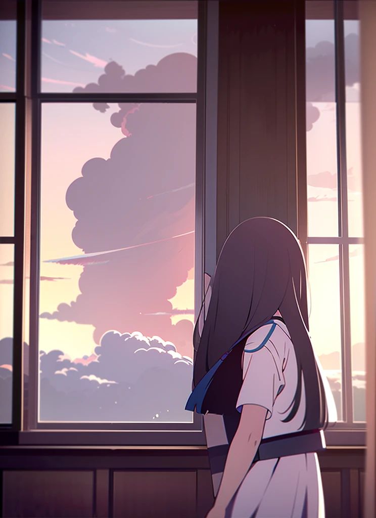 1girl, Living Room, Sailor suit, short sleeve, Cumulonimbus, buzzer, Window, long hair, blunt bangs, black hair, masterpiece, snapshot, The wind is blowing