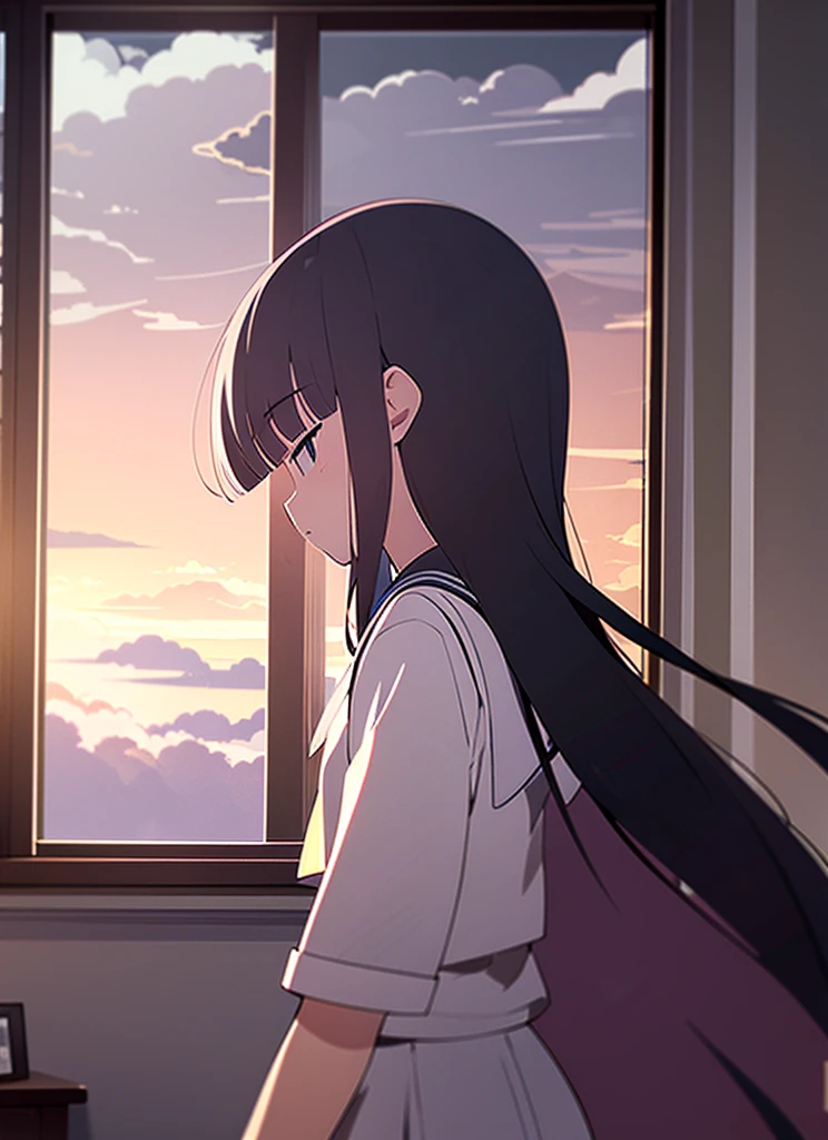1girl, Living Room, Sailor suit, short sleeve, Cumulonimbus, buzzer, Window, long hair, blunt bangs, black hair, masterpiece, snapshot, The wind is blowing