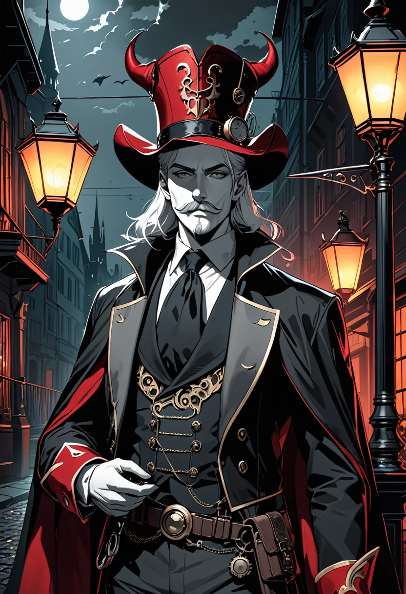 (masterpiece, best quality,ultra highres),male old Devil,silver hair,Devil in a red bowler hat,(devil horns),Mustache,Red mantle,Lizard-like gray tail,thin body,posing,nihil smile,Devil Deceiver,europe at night,He is illuminated by the streetlight,monochrome with Splash Color,eerie atmosphere, absurdres, highres, extra detailed,magnificent view,