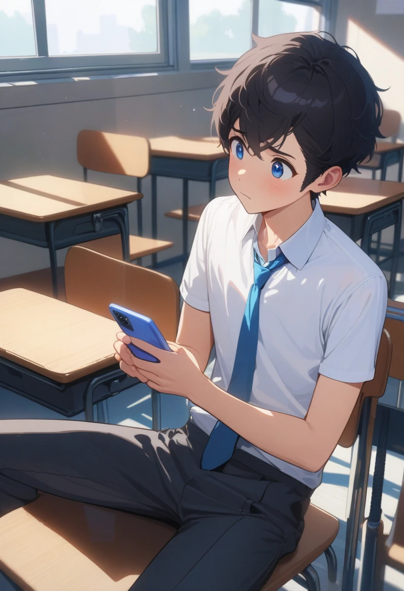 masterpiece, best quality, extremely detailed, ultra detailed, flat anime, 2D, ((1boy)),black hair, (short hair:1.5),blue eyes, height 1.7meters, (circle eyes:1.2), (young adult:1.2), Ear-length sideburns,height 1.7meters, bangs,(tareme:1.2), dircle face, kinky hair, (young adult:1.2), High School Uniforms, white shirt, blue tie, ((short sleeves)), ((long pants)), sitting, closed mouth, thinking, upper body, summer, classroom, 11AM,looking at his smart phone., Operating a smart phone, 