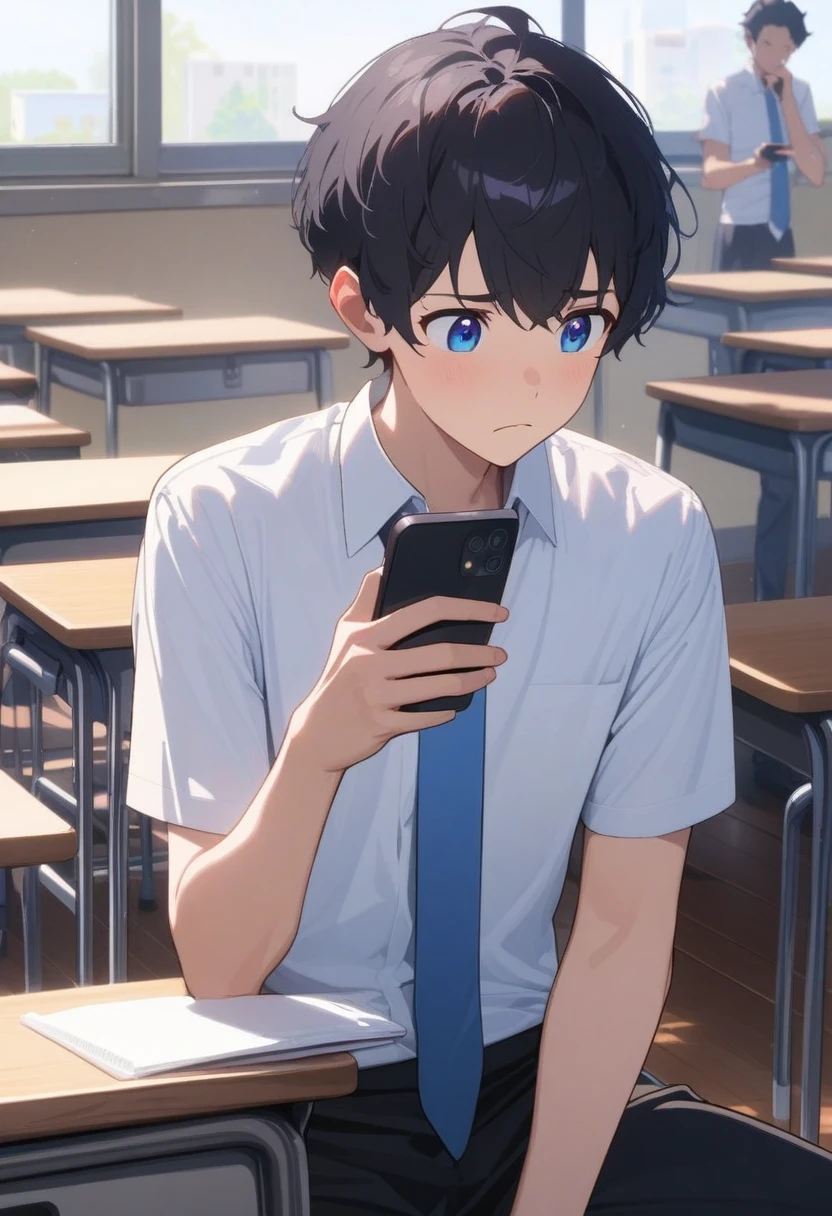 masterpiece, best quality, extremely detailed, ultra detailed, flat anime, 2D, ((1boy)),black hair, (short hair:1.5),blue eyes, height 1.7meters, (circle eyes:1.2), (young adult:1.2), Ear-length sideburns,height 1.7meters, bangs,(tareme:1.2), dircle face, kinky hair, (young adult:1.2), High School Uniforms, white shirt, blue tie, ((short sleeves)), ((long pants)), sitting, closed mouth, thinking, upper body, summer, classroom, 11AM,looking at his smart phone., Operating a smart phone, 