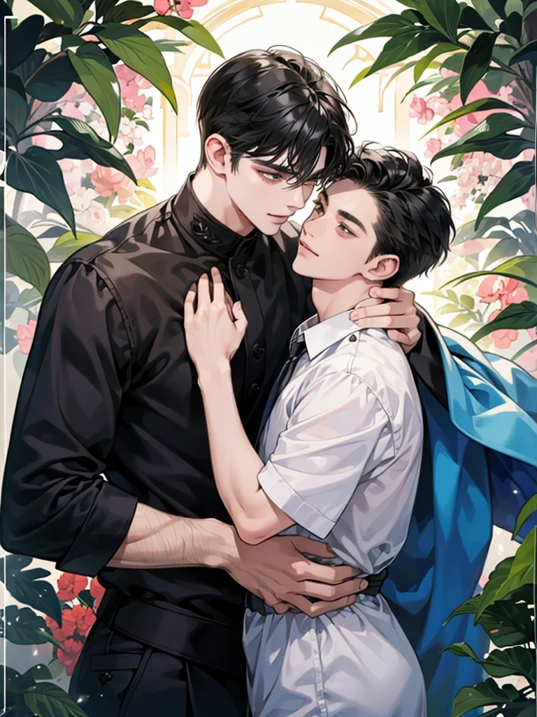 Two men with different heighten and little men、Black-haired man、Man hugging each other、A detailed face、Happy expression on face、Lovers、Boys Love、make love、Two men